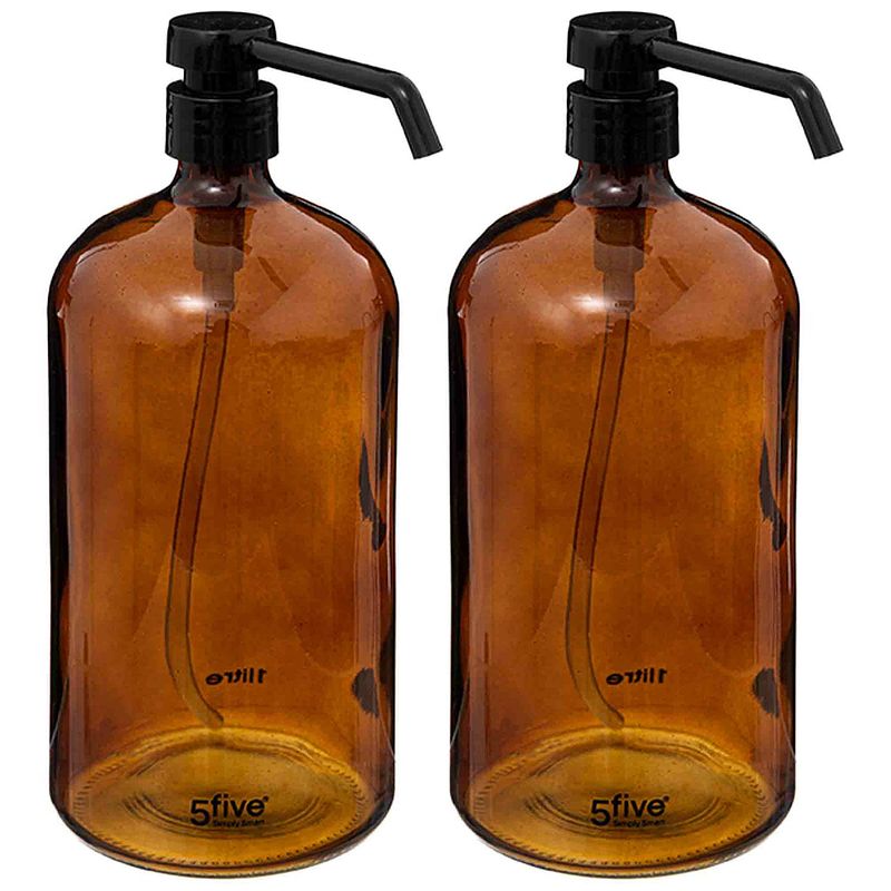 Foto van 2x stuks zeeppompjes/zeepdispensers van glas - bruin - 1 liter - zeeppompjes