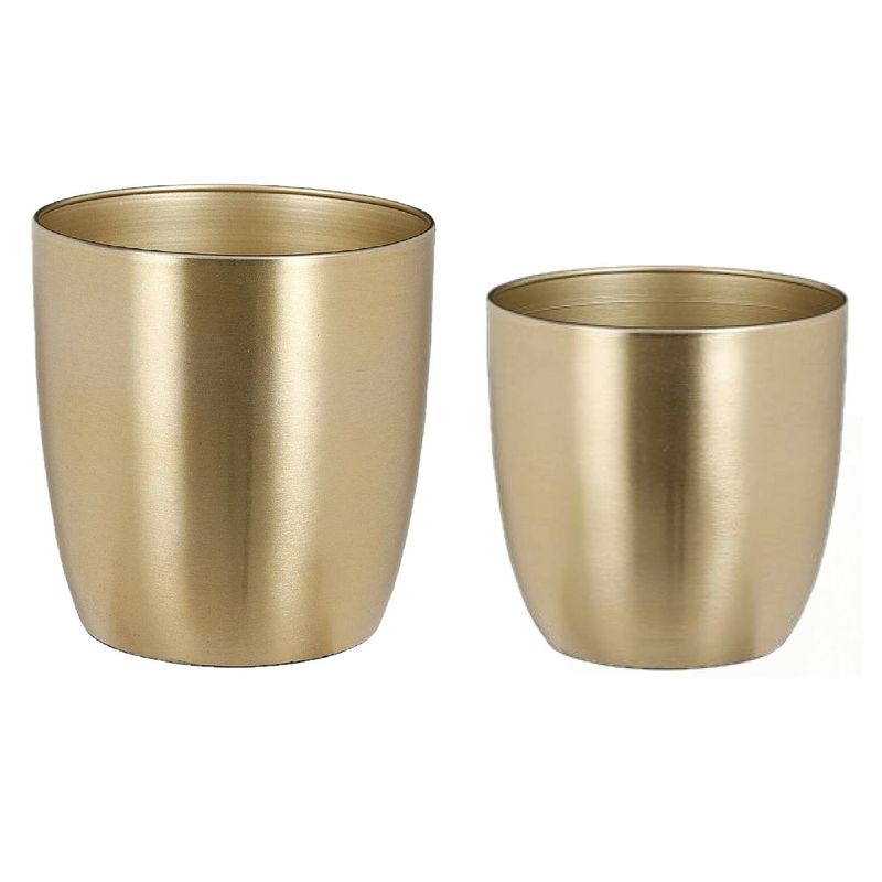 Foto van Plantenpot/bloempotten set - 2x stuks - metaal - goud - d13 en d16 cm - plantenpotten