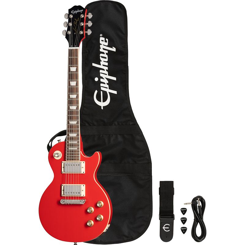 Foto van Epiphone power players les paul lava red 7/8 elektrische gitaar met gigbag, strap, kabel en plectrums