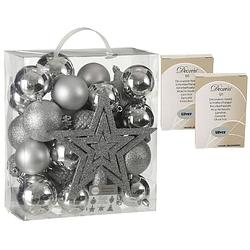 Foto van 39x stuks kunststof kerstballen en kerstornamenten met ster piek zilver inclusief kerstbalhaakjes - kerstbal