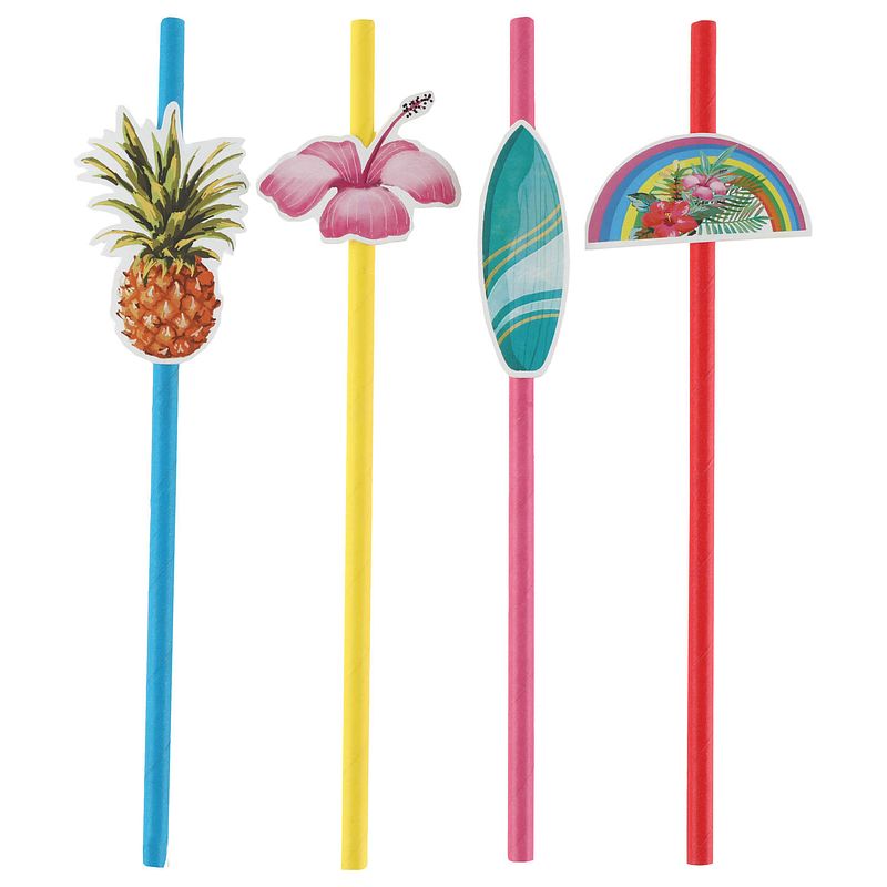 Foto van Hawaii thema feest rietjes - 8x stuks - 19 cm - papier - tropisch themafeest - drinkrietjes