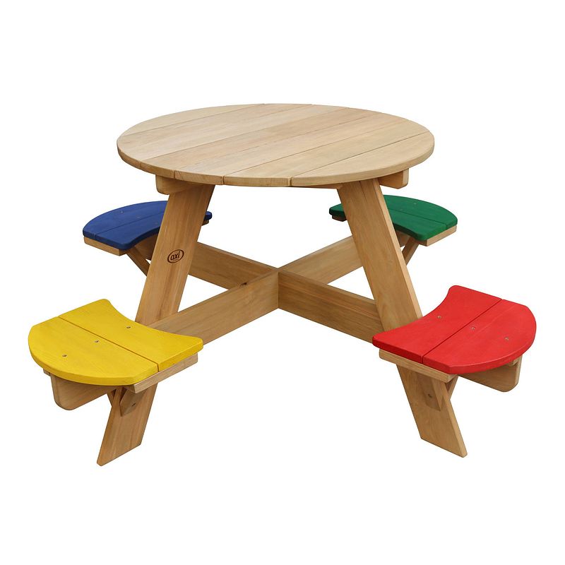 Foto van Axi ufo picknicktafel rond voor 4 kinderen in regenboog kleuren picknick tafel van hout