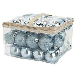 Foto van 48x stuks kunststof kerstballen ijsblauw 6 cm in opbergtas/opbergbox - kerstbal