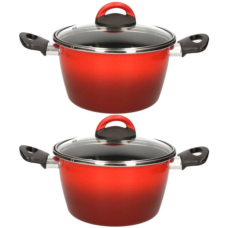 Foto van Set van 2x stuks rvs rode kookpan/pan met glazen deksel 20 cm 6 liter - kookpannen