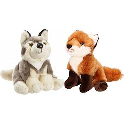 Foto van Bosdieren zachte pluche knuffels 2x stuks - wolf en vos van 18 cm - knuffel bosdieren