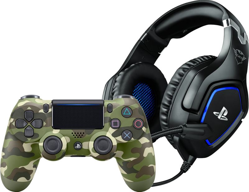 Foto van Sony dualshock 4 controller groen camo + trust gxt 488 forze gaming headset