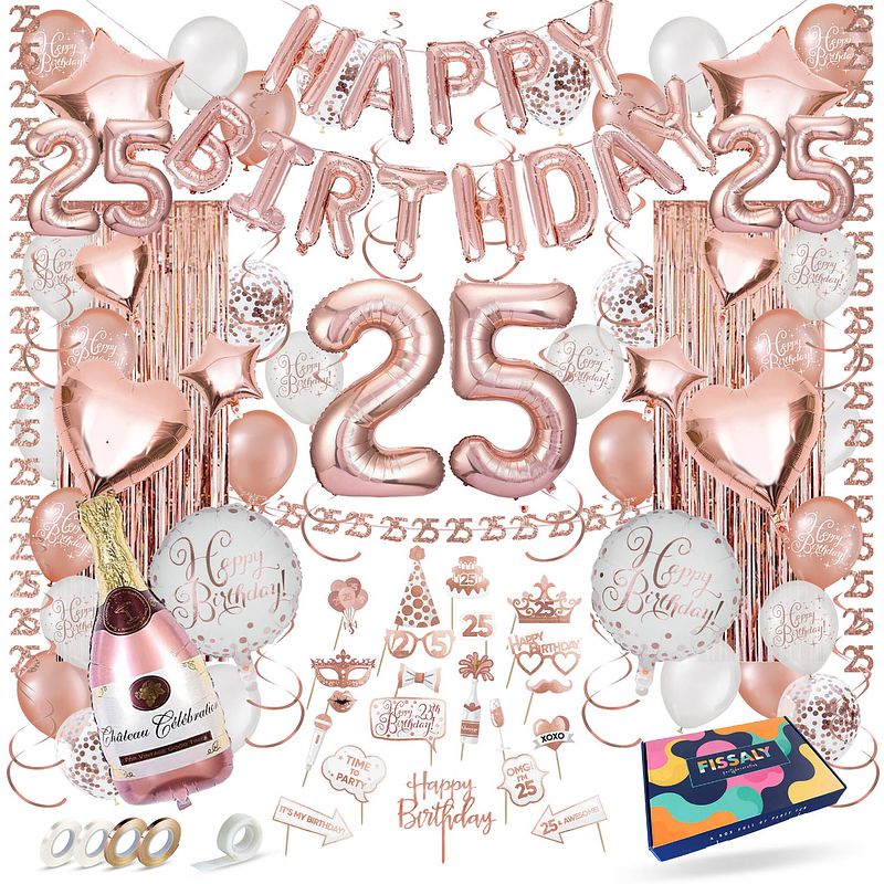 Foto van Fissaly® 25 jaar rose goud verjaardag decoratie versiering - feest - helium, latex & papieren confetti ballonnen