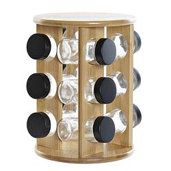 Foto van Bamboe houten kruidenrek/specerijenrek met 12 glazen potten 18 x 18 x 25 cm - kruidenrekken