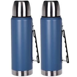 Foto van 2x stuks rvs thermosfles/isoleerkan 1 liter blauw - thermosflessen