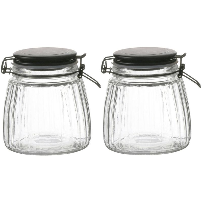 Foto van Urban living weckpot/inmaakpot - 2x - 1l - glas - met beugelsluiting - mat zwarte deksel - weckpotten