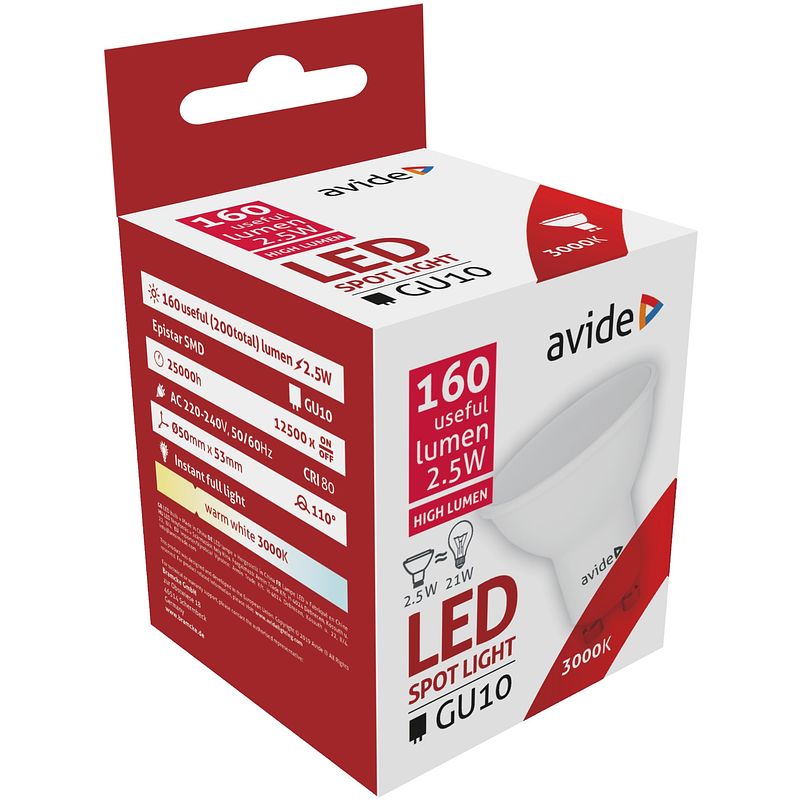 Foto van Avide led spot alu+plastic 2.5w gu10 110° ww