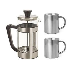 Foto van Rvs alpina koffiezetter/koffiezetapparaat/percolator/cafetiere - inclusief 2x rvs koffiemoken - 1 liter