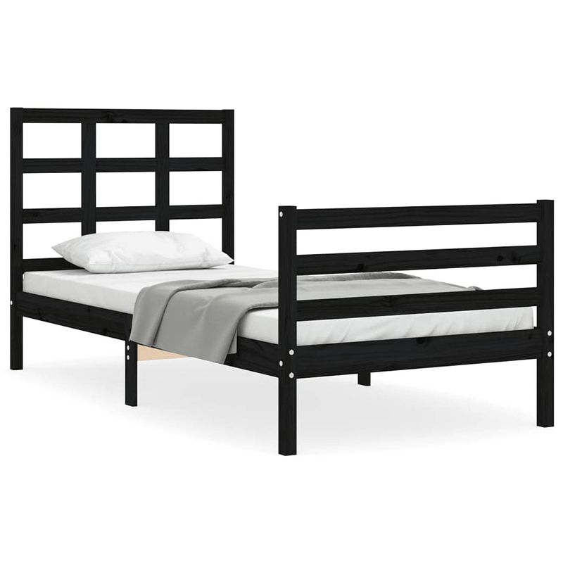 Foto van The living store massief grenenhouten bedframe - zwart - 205.5 x 105.5 x 100 cm - multiplex lattenbodem