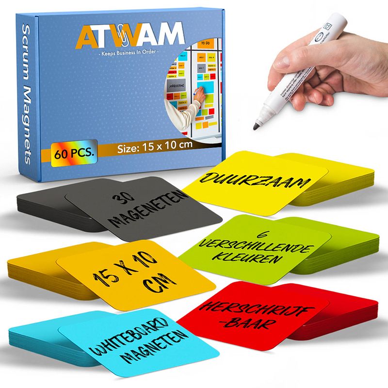 Foto van Atwam scrum magneten - 30 stuks - voor whiteboard of magneetbord - herschrijfbare magneten - post it - 15*10 cm