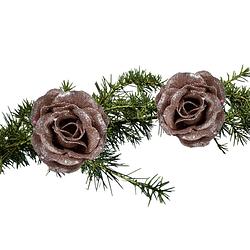 Foto van 2x stuks kerstboom bloemen/rozen op clip oudroze glitters 7 cm - kunstbloemen