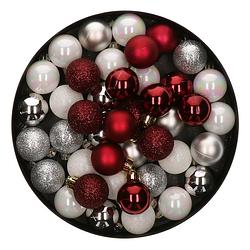 Foto van 42x stuks kunststof kerstballen mix wit/zilver/donkerrood 3 cm - kerstbal