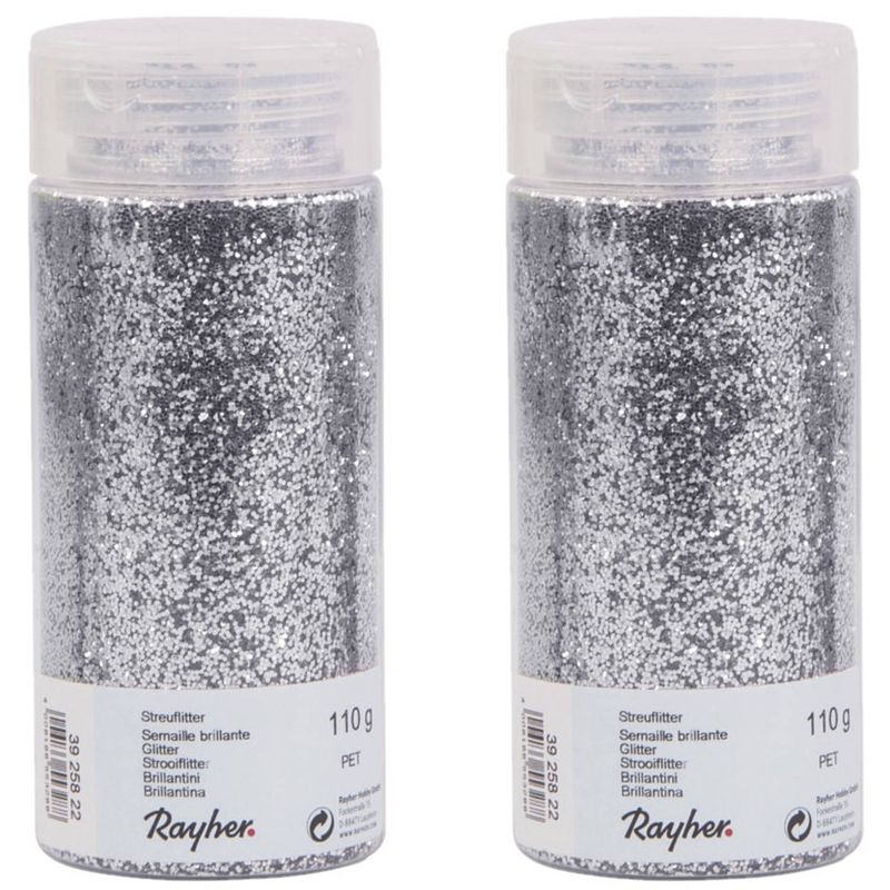 Foto van 2x potjes hobby materiaal strooi glitters zilver 110 gram - hobbydecoratieobject