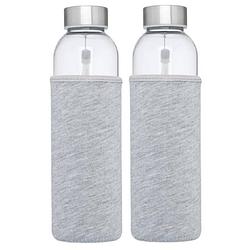 Foto van 2x stuks glazen waterfles/drinkfles met grijze softshell bescherm hoes 500 ml - drinkflessen