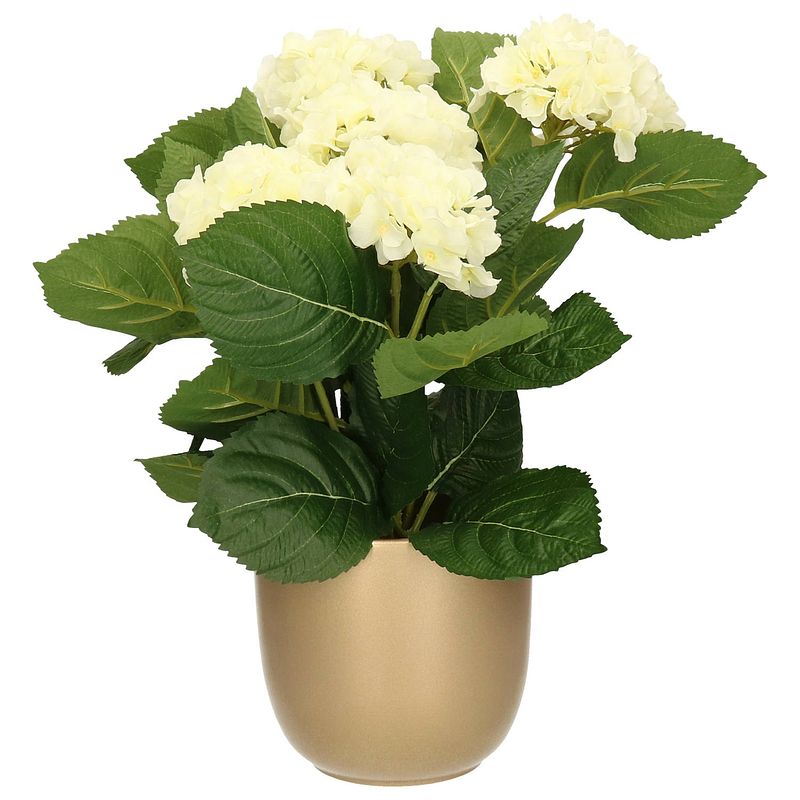 Foto van Hortensia kunstplant/kunstbloemen 36 cm - wit - in pot goud glans - kunstplanten