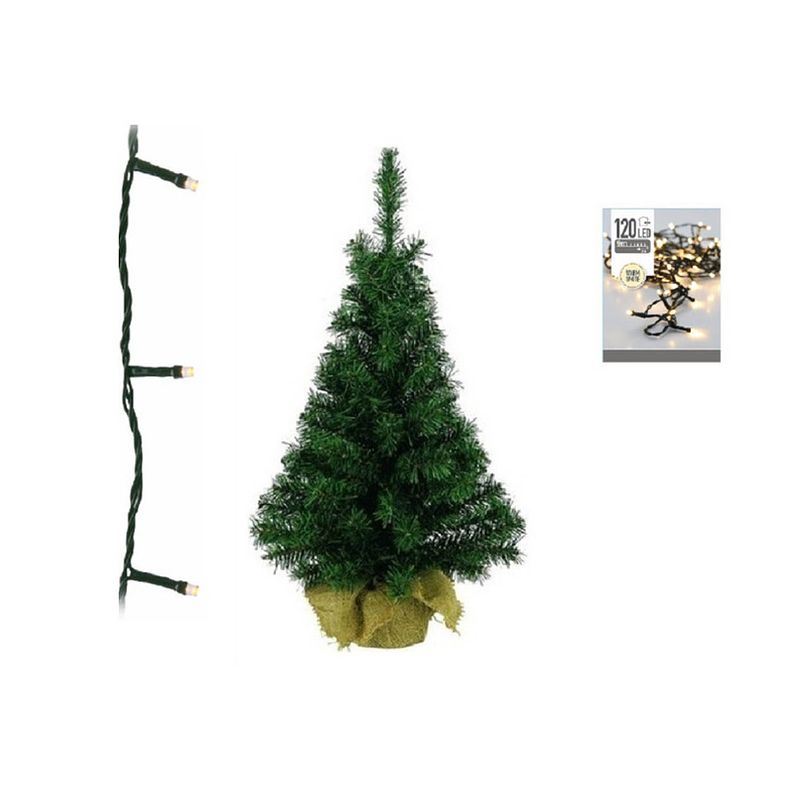 Foto van Groene kunst kerstboom 90 cm inclusief warm witte kerstverlichting - kunstkerstboom