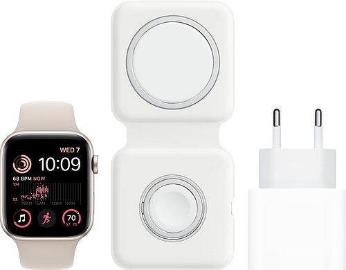 Foto van Apple watch se (2022) 4g 44mm starlight aluminium starlight sportband + oplaadpakket