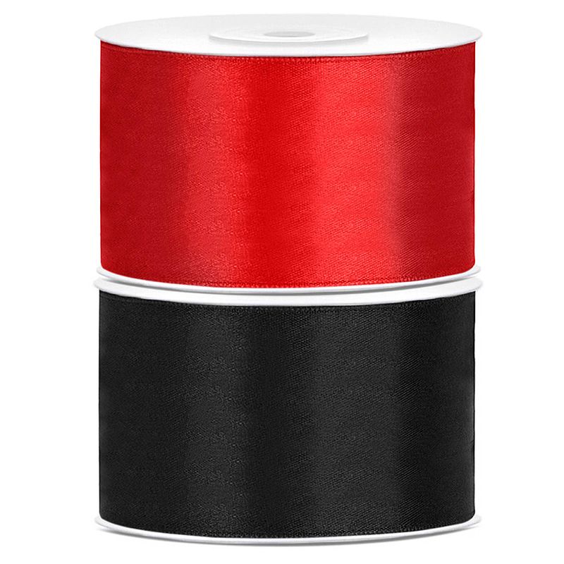 Foto van Set van 2 stuks sierlinten/cadeaulinten/satijnen linten zwart en rood 38 mm x 25 meter - cadeaulinten