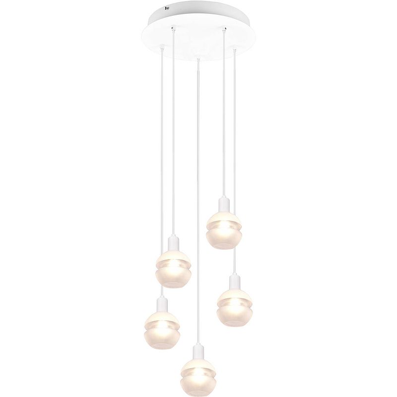 Foto van Led hanglamp - hangverlichting - trion merda - e14 fitting - 5-lichts - rond - mat wit - aluminium