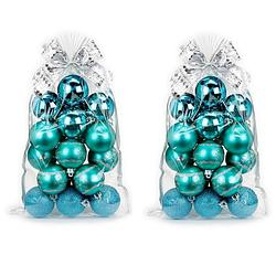 Foto van 40x stuks kunststof kerstballen turquoise mix 6 cm in giftbag - kerstbal