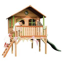 Foto van Axi sophie speelhuis op palen & groene glijbaan speelhuisje voor de tuin / buiten in bruin & groen van fsc hout