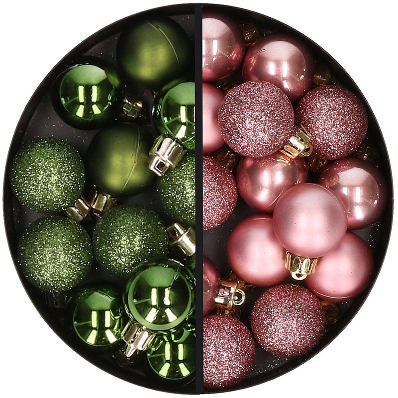 Foto van 34x stuks kunststof kerstballen groen en oudroze 3 cm - kerstbal