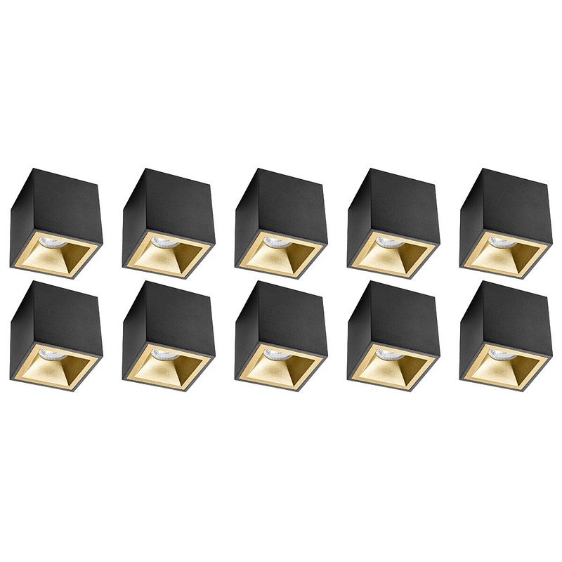 Foto van Opbouwspot 10 pack - pragmi cliron pro - gu10 fitting - opbouw vierkant - mat zwart/goud - aluminium - verdiept - ø90mm