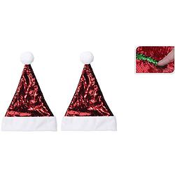 Foto van 2x stuks glimmende verander/wrijfbare pailletten kerstmutsen rood/groen - kerstmutsen