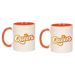 Foto van 2x stuks koningsdag queen met kroontje mok/ beker oranje wit 300 ml - feest mokken