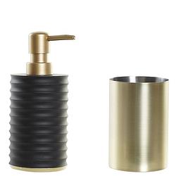 Foto van Badkamer accessoires setje drinkbeker en zeeppompje 17 cm zwart/goud - zeeppompjes