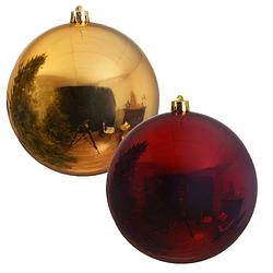 Foto van 2x stuks grote kerstballen van 20 cm glans van kunststof goud en rood - kerstbal