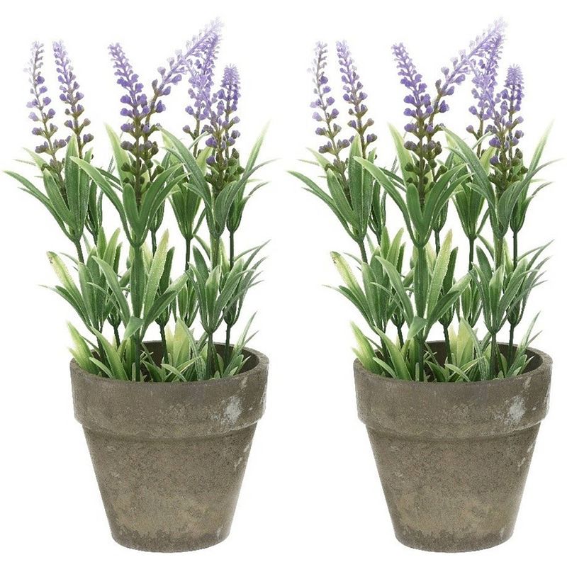 Foto van 2x groene/lilapaarse lavandula/lavendel kunstplanten 25 cm in po - kunstplanten