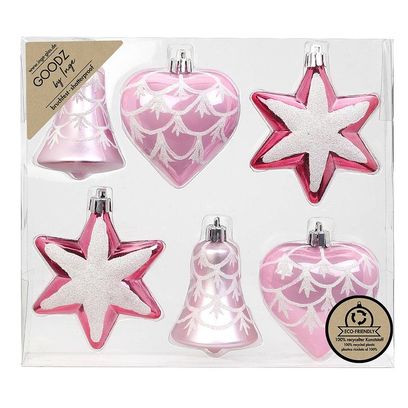 Foto van Inge christmas kerstornamenten figuurtjes - 6x stuks - roze - 9 cm - kersthangers