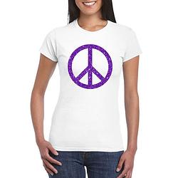 Foto van Toppers wit flower power t-shirt paarse glitter peace teken dames 2xl - feestshirts