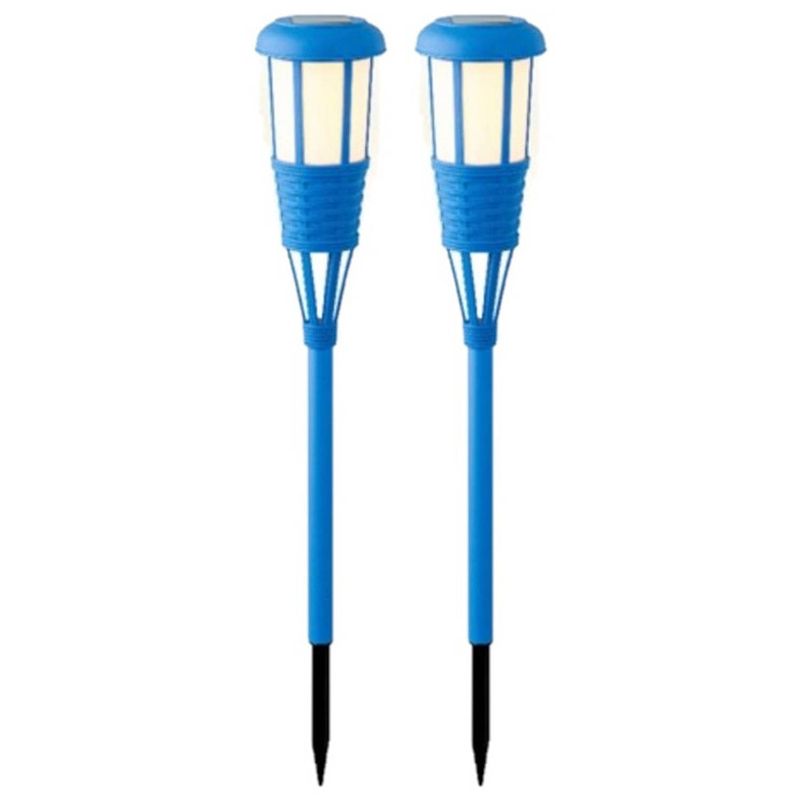 Foto van 2x stuks solar tuinfakkel/tuinlamp blauw op zonne-energie 61 cm - fakkels