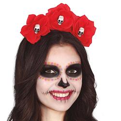 Foto van Halloween verkleed diadeem - bloemen en schedels - one size - rood - meisjes/dames - verkleedhoofddeksels