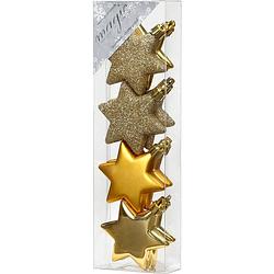 Foto van 8x stuks kunststof kersthangers sterren goud 6 cm kerstornamenten - kersthangers