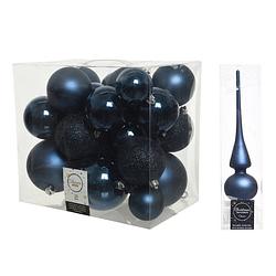 Foto van Kerstversiering kunststof kerstballen met piek donkerblauw 6-8-10 cm pakket van 27x stuks - kerstbal