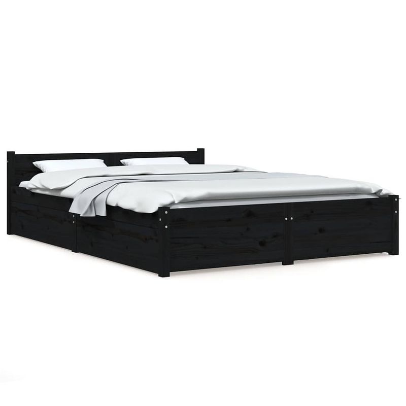 Foto van The living store klassiek houten bed - bedframe - zwart - 205.5x125.5x51 cm - grenenhout - lades - 120x200 cm - montage