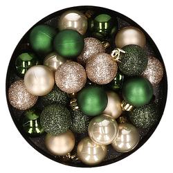 Foto van 28x stuks kunststof kerstballen parel/champagne en donkergroen mix 3 cm - kerstbal