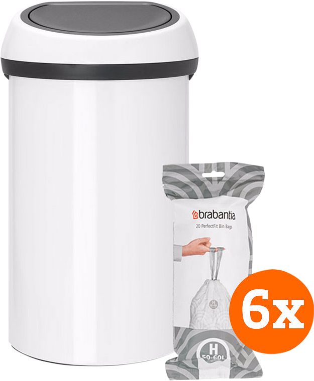 Foto van Brabantia touch bin 60 liter white + vuilniszakken (120 stuks)