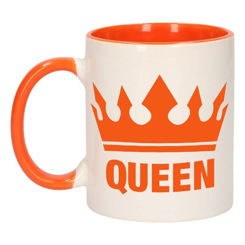 Foto van 1x koningsdag queen beker / mok - oranje met wit - 300 ml keramiek - oranje bekers