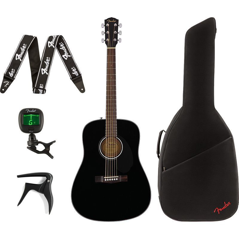 Foto van Fender cd-60s black akoestische westerngitaar + gigbag + accessoires