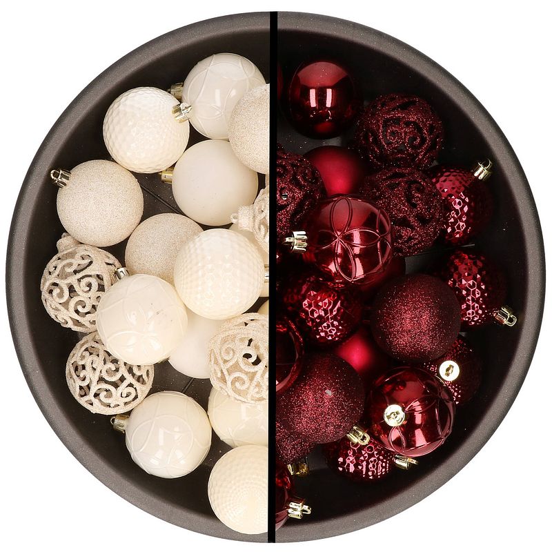 Foto van Kerstballen - 74x stuks - wol wit en donkerrood - 6 cm - kunststof - kerstbal