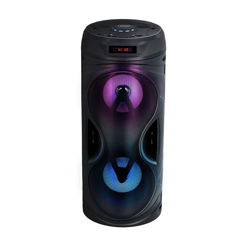 Foto van Dunlop bluetooth speaker - 2x 5 watt - multicolour led - fm-radio - 10,5 uur speeltijd