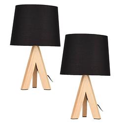 Foto van 2x stuks tafellampen/schemerlampjes zwarte kap en houten poten 29 cm - tafellampen
